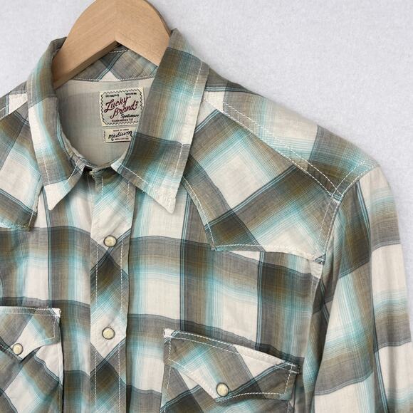 LUCKY BRAND Shirt Mens M Plaid Pearl Snap Front Western Double Layer Cotton Gray - Picture 2 of 15